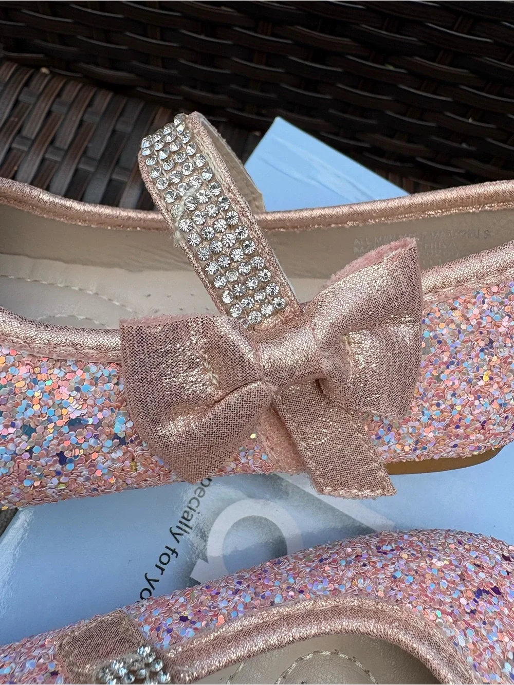 Girls Sparkle Pink Dress Shoes with Bow and Rhinestone Strap